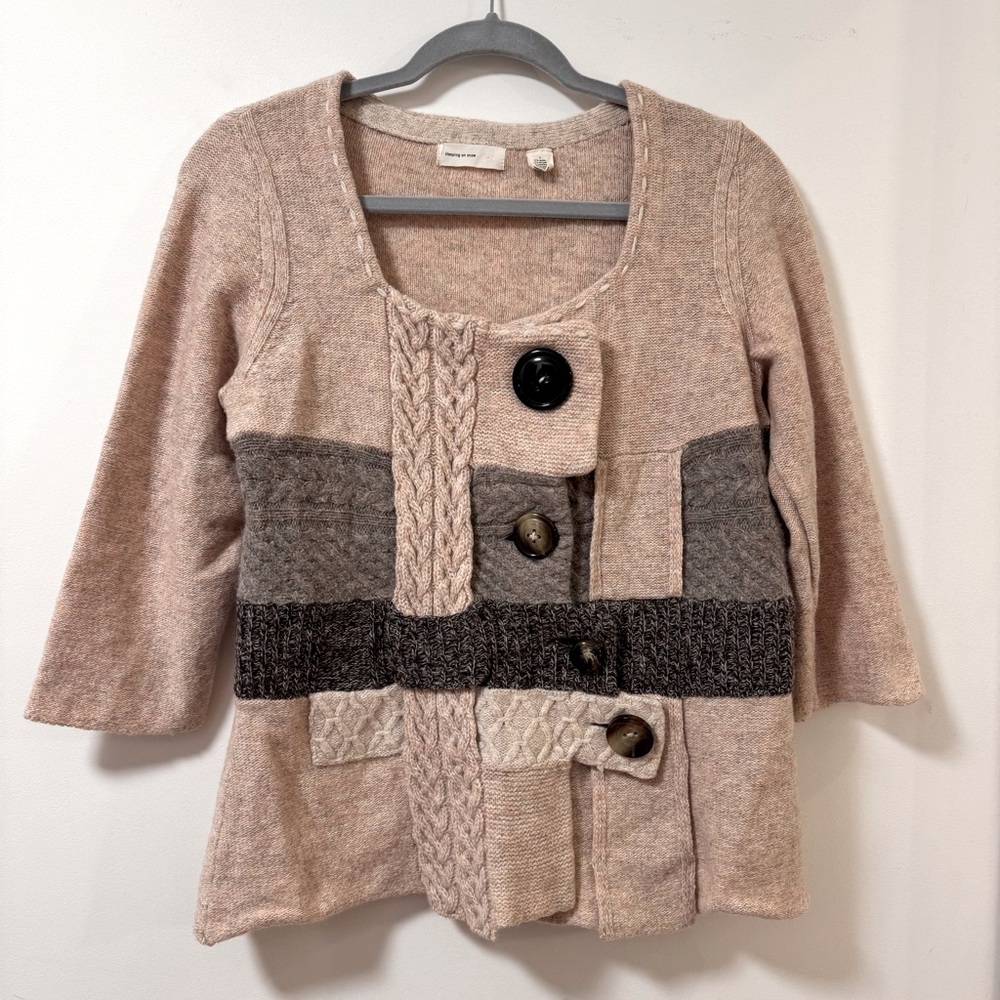 Cozy Patchwork Button Cardigan Sweater - Beige & Gray